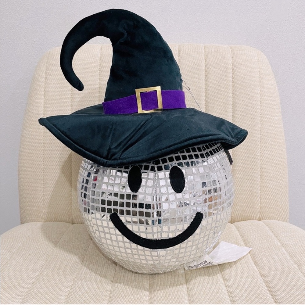 NEW Halloween Smiley Face Disco Ball with Witch Hat Silver Mirrored Decor